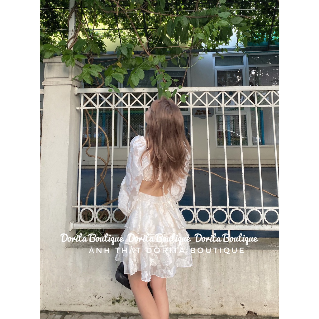 Váy voan tầng hoa nổi cut out lưng chun, Váy tiểu thư hở lưng quyến rũ - Dorita Boutique