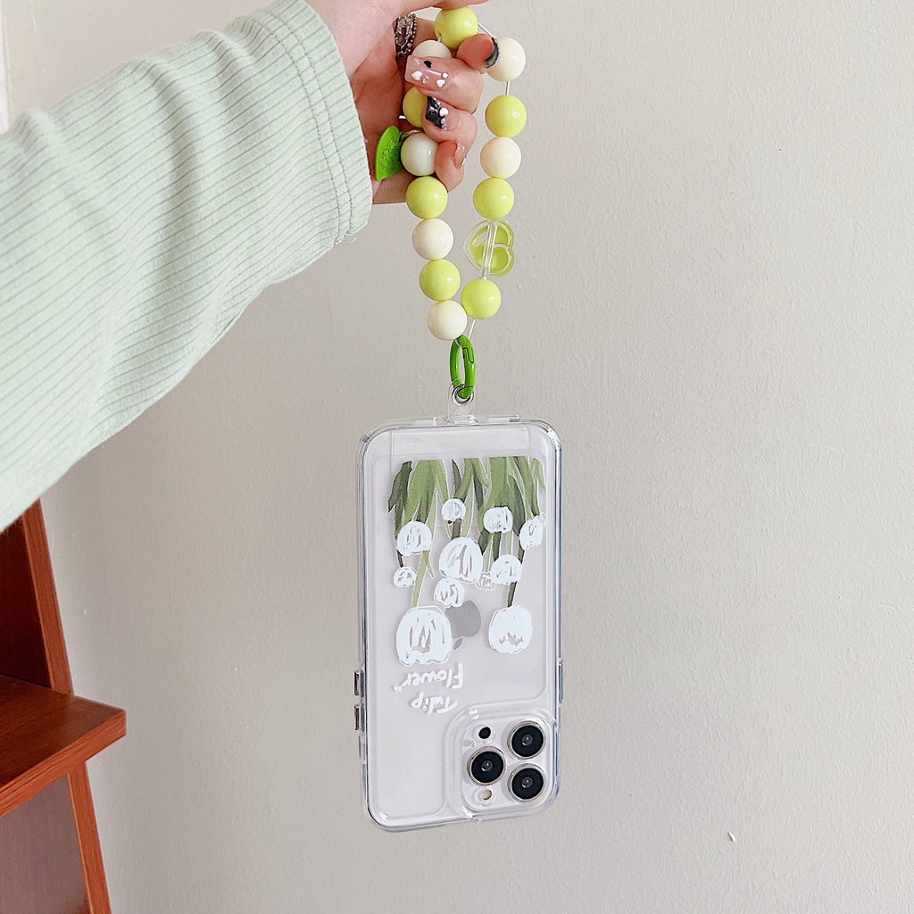 Ốp Điện Thoại Tpu Dẻo Trong Suốt Họa Tiết Hoa Trắng Kèm Dây Đeo Ngọc Trai Sang Trọng Cho iPhone 11 12 13 Pro XS Max XR