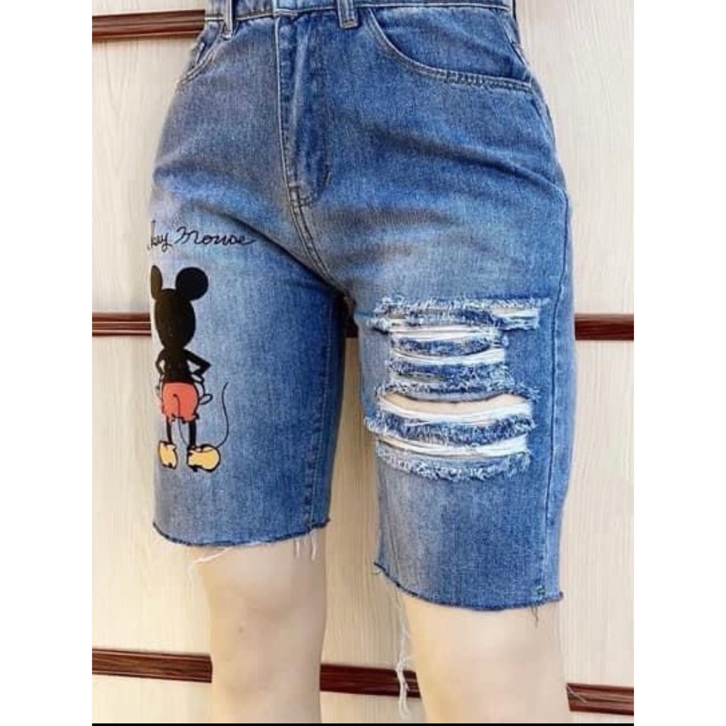 [60kg~90kg] Quần jean ngố / lửng BIGSIZE IN HINH CHUỘT ĐỎ lưng cao, co dãn mạnh rách kiểu đẹp 3459 moliruan