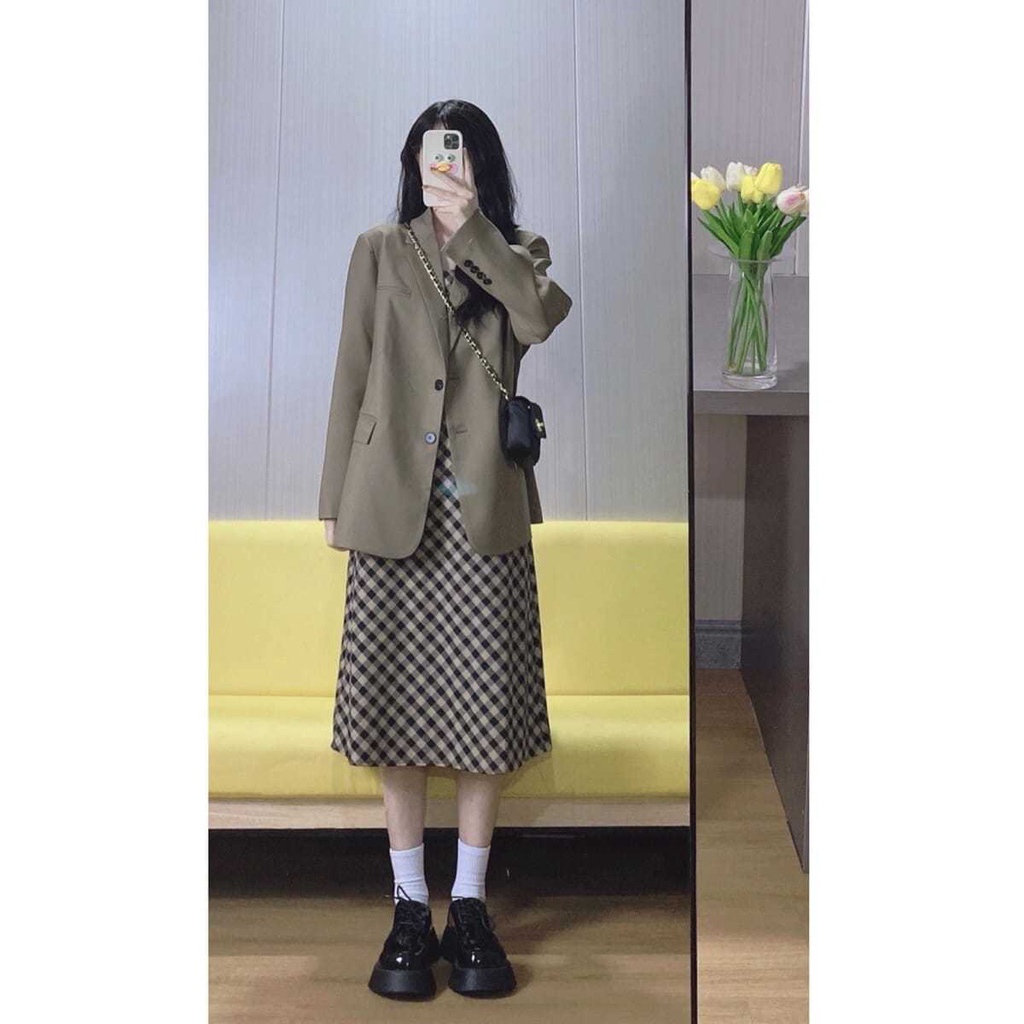 Set Đầm Hai Dây Họa Tiết Sọc Caro Và Áo Khoác Phong Cách Retro Thời Trang Cho Nữ