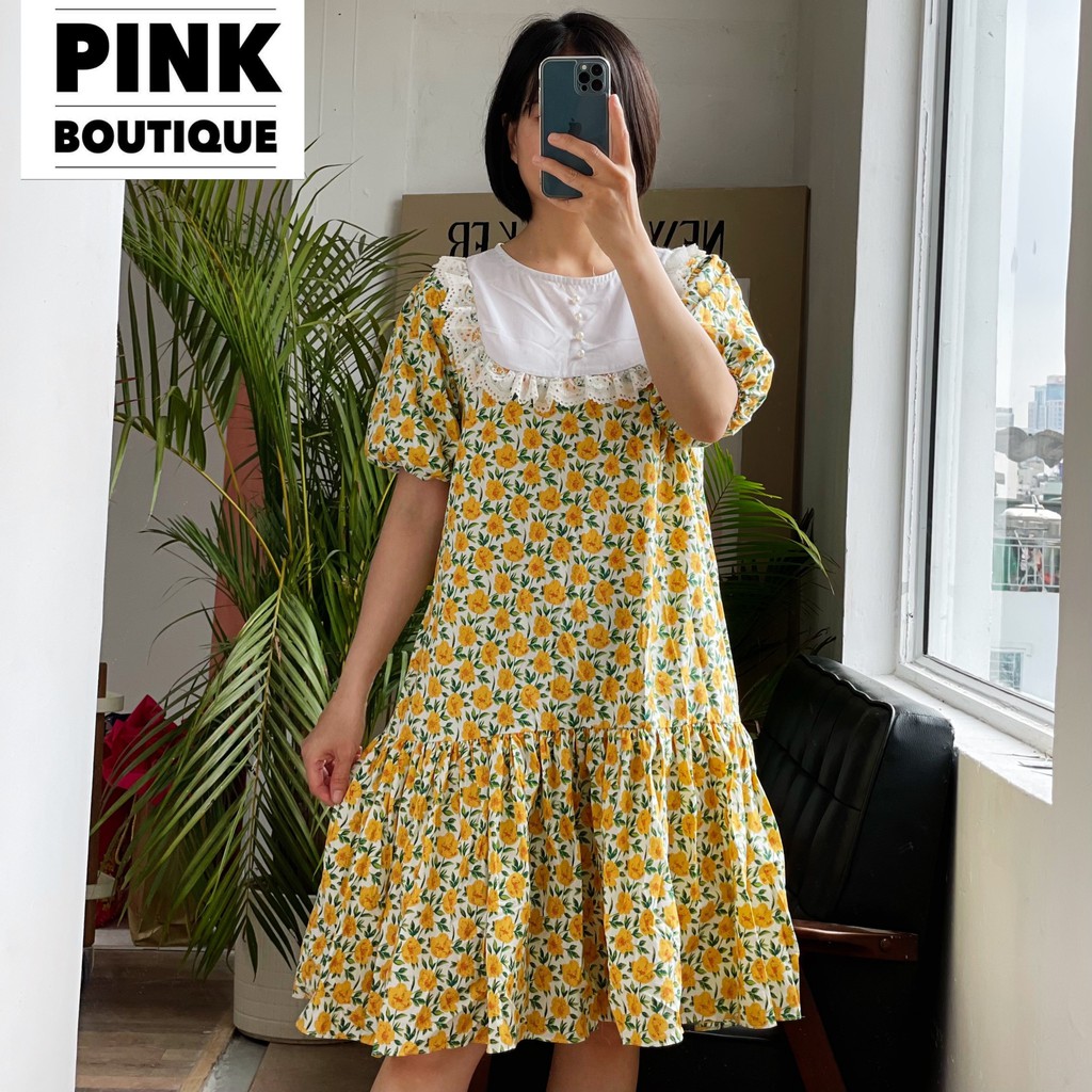 Váy Suông Hoa Nhí Đuôi Cá Tay Bồng Bèo Ren From Rộng Big Size Thiết Kế PINKBOUTIQUE