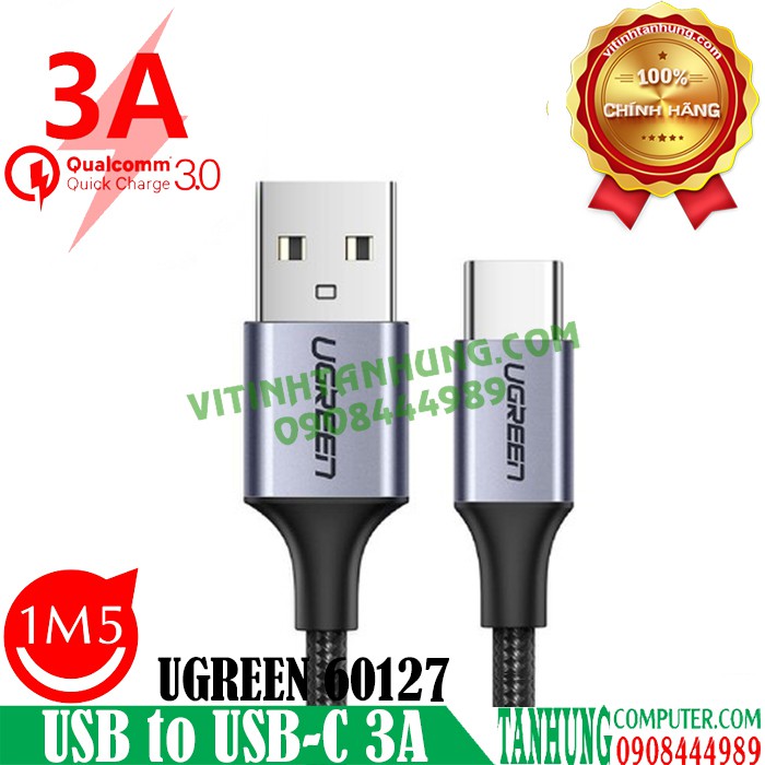 Cáp Sạc USB A to USB-C Hỗ Trợ Sạc Nhanh QC 3.0 Đầu nhôm,Dây Bọc Dù Ugreen 60126 60127 60128