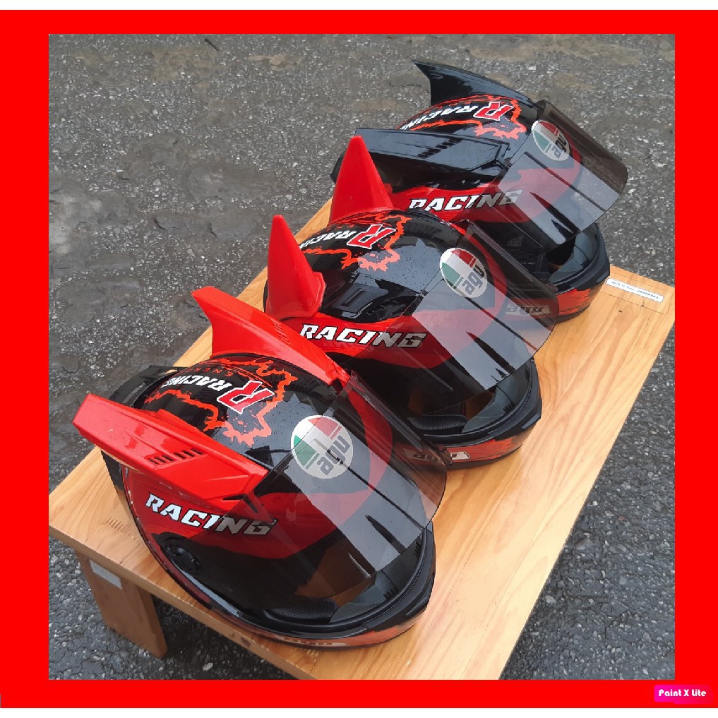 combo mũ full face AGU TEM Energy Racing ĐỎ + sừng batman (chọn màu) + Đuôi gió (chọn màu)