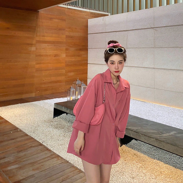 Áo Sơ Mi Tay Dài Dáng Rộng Màu Hồng Phong Cách Hàn Quốc Thời Trang Cho Nữ