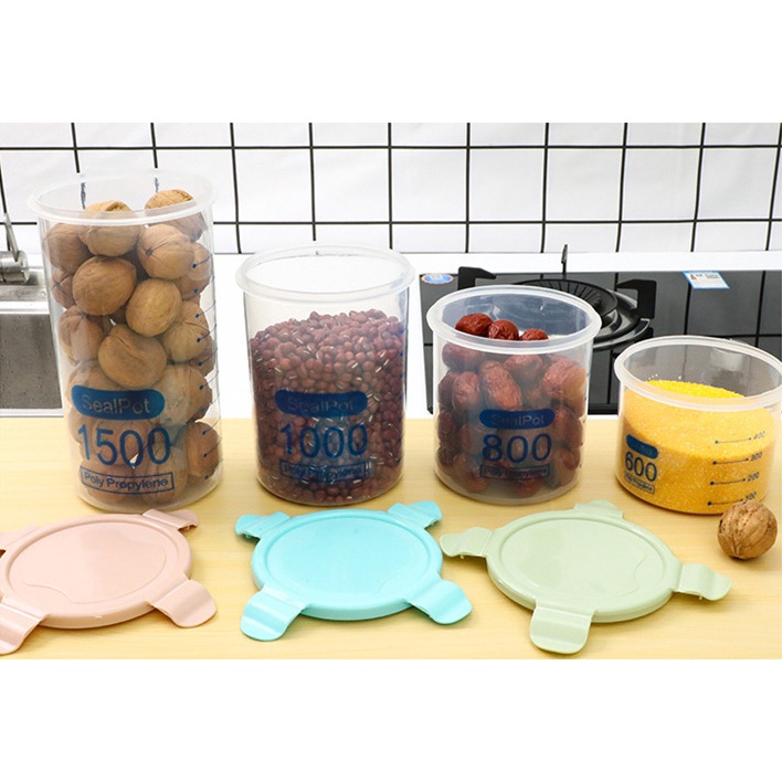 Hộp Nhựa Tròn Đựng Thực Phẩm Khô, Ngũ Cốc Trong Suốt - Chia Vạch Nắp hít chân không - Hộp nhựa đựng đồ có nắp