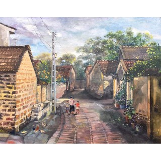 tranh xóm làng quê Việt Nam ngày xưa kèm khung tranh