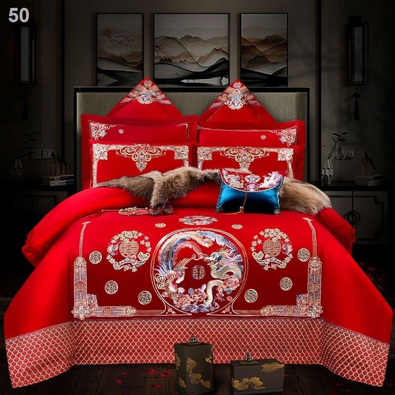 2021 ☑▫♙Bộ chăn ga gối cưới cotton bốn mảnh {send wallet} thêu bông nhiều vải màu đỏ đệm