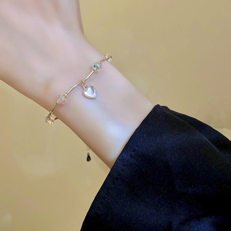 Lắc tay gợn sóng đá moonstone trái tim nhân tạo bạc 925, lắc tay bạc trái tim dây gợn sóng Blackmeo