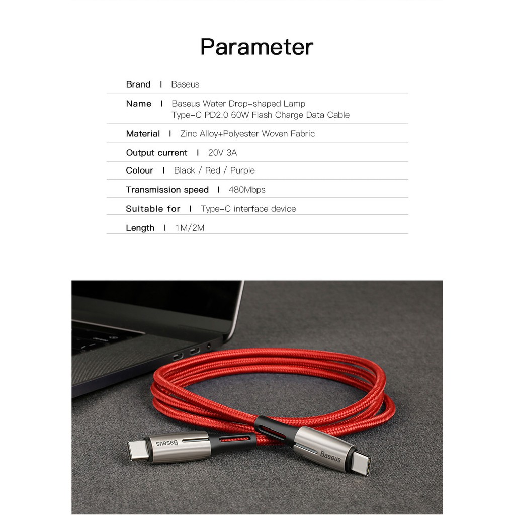 Cáp sạc siêu nhanh Baseus  Water Drop Type C 100 cm 2.0 60W