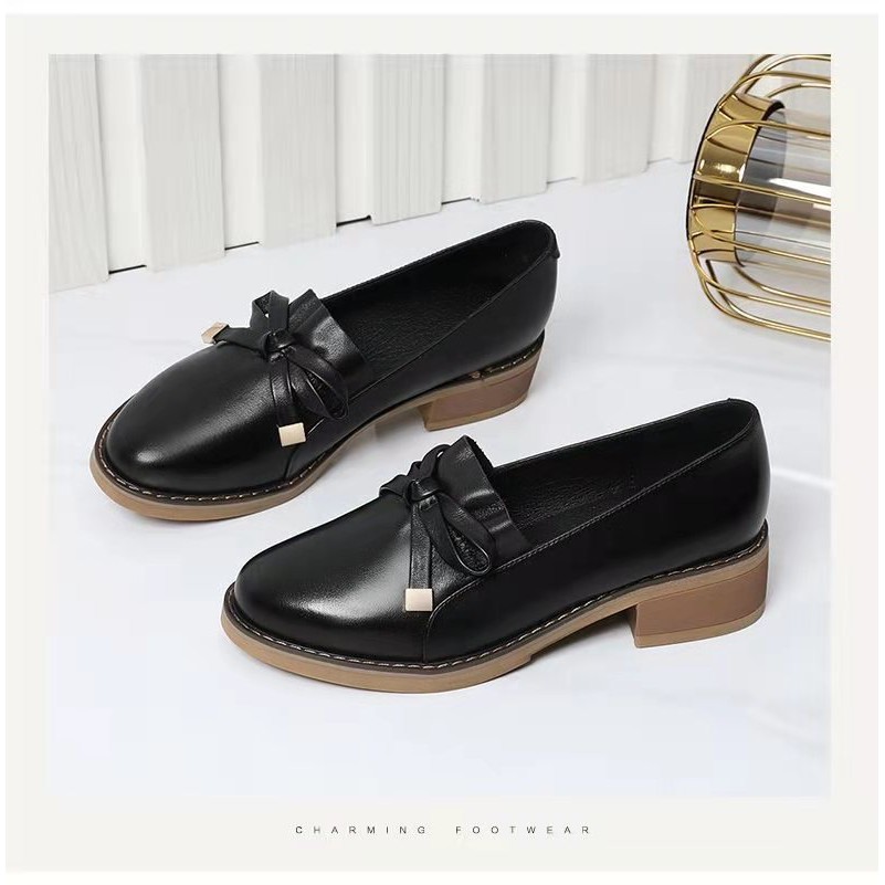 Giày Da Nữ Giày Búp Bê Đính Nơ 4 Phân Phong Cách Nhật Bản