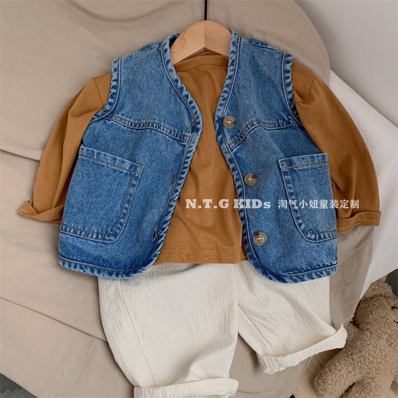 [Babycat] Hàng Có Sẵn Áo Khoác Denim Không Tay Phong Cách Hàn Quốc Nhật Bản Mùa Xuân Thu Phong Cách Phương Tây Cho Bé Trai Và Bé Gái