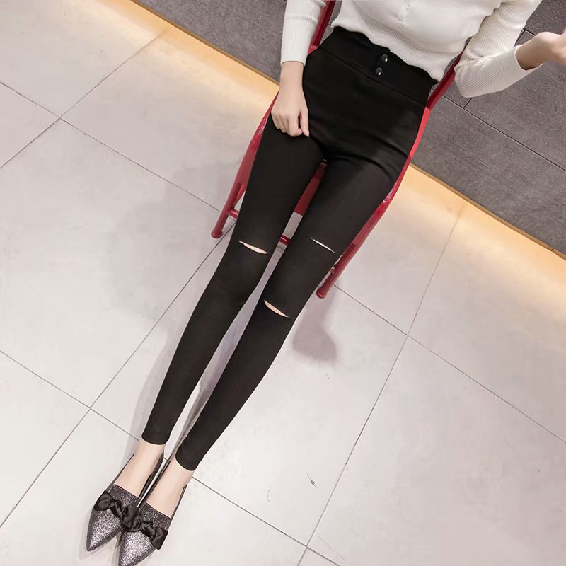 Đen Quần Legging Lưng Cao Co Giãn Ôm Dáng Rách Gối Thời Trang Xuân Thu Cho Nữ