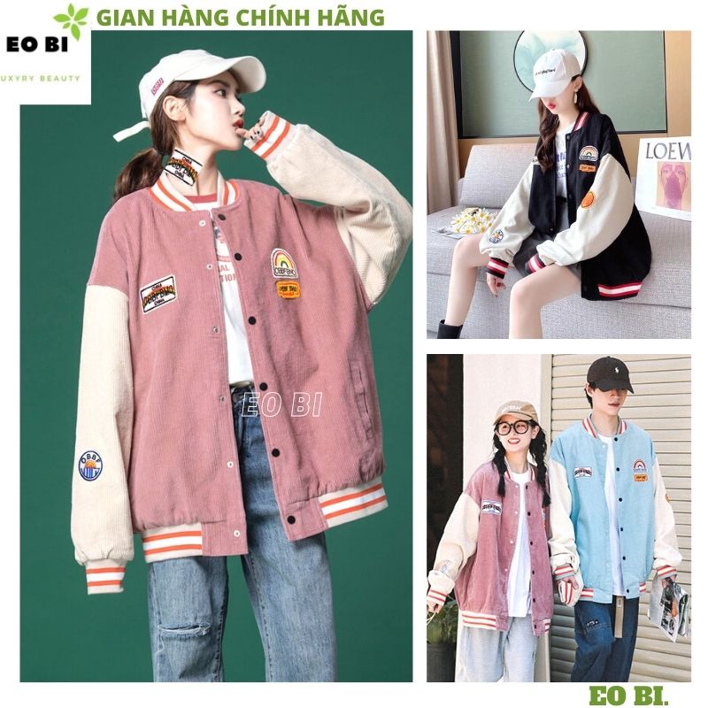 Áo khoác bomber nhung tăm cầu vồng kiểu dáng hàn quốc ulzzang ,áo bóng rổ dấu quần form to rộng - EOBI