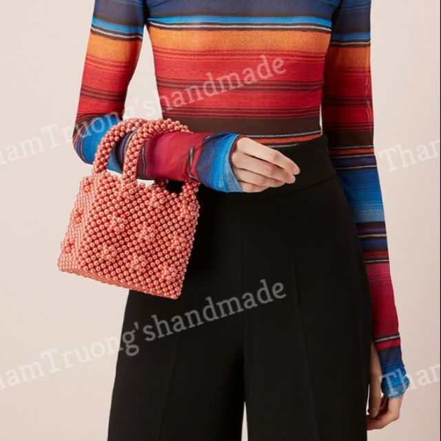 Túi xách tay kết cườm giả ngọc trai handmade hình vuông phiên bản mini dành cho nữ