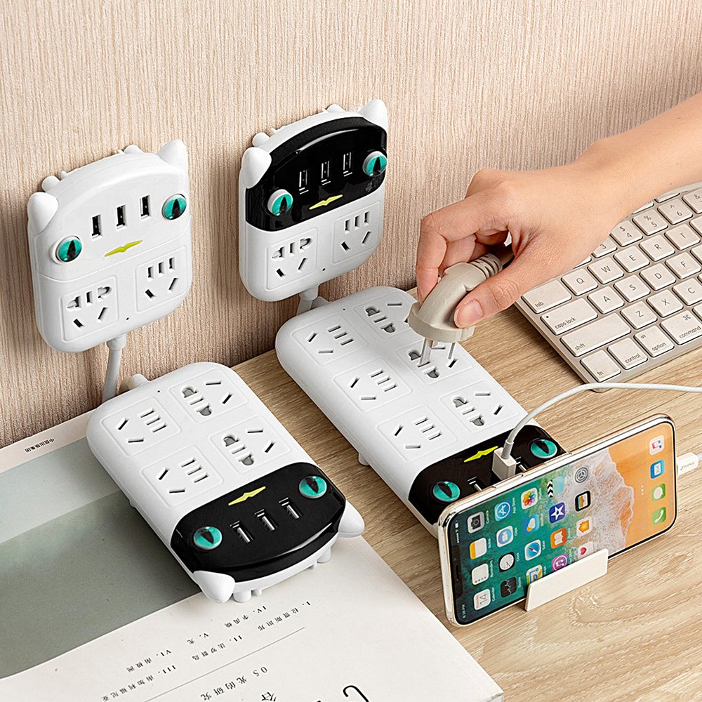 Ổ Cắm Điện Đa Năng Dán Tường Hình Mèo Cute OD-318, 3 Cổng USB Chống Giật Thông Minh