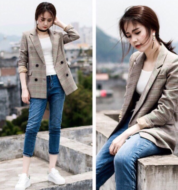 Áo Vest, Blazer nữ kẻ 2 lớp - Hàng cao cấp