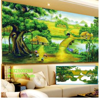 Tranh đính đá phong cảnh làng quê yên bình tuyệt đẹp kt 160*75cm