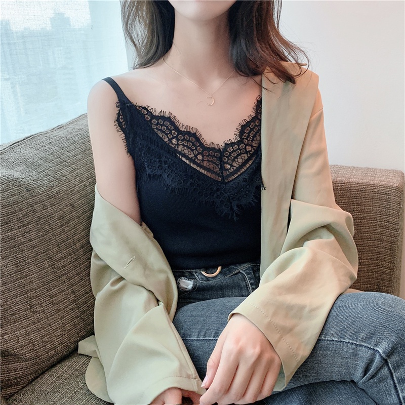 Áo Hai Dây Dệt Kim Cổ Chữ V Phối Ren Phong Cách Hàn Quốc Thời Trang Mùa Hè Tinh Tế Cho Nữ