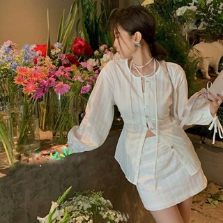 (Ảnh Thật) Set Áo Kèm Váy Trắng 3 Món