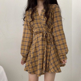 Đầm caro cổ đắp dây eo