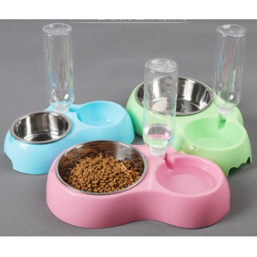 Bát Đôi Cho Chó Mèo Gắn Bình Nước Tự Động (CHẤT LIỆU NHỰA INOX)