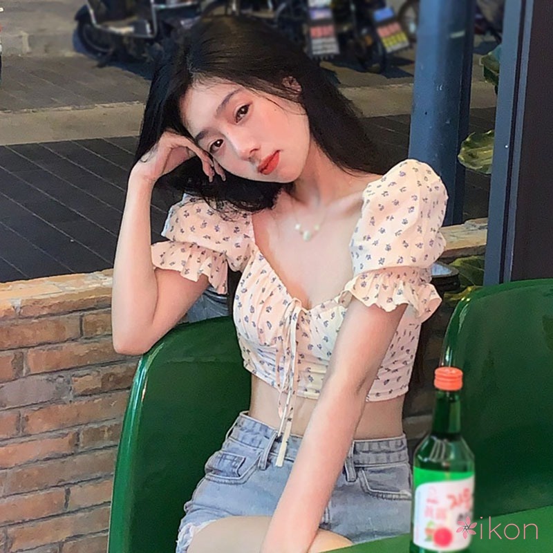 Áo Croptop Tay Ngắn Chất Chiffon Phối Nơ Thiết Kế Thanh Lịch