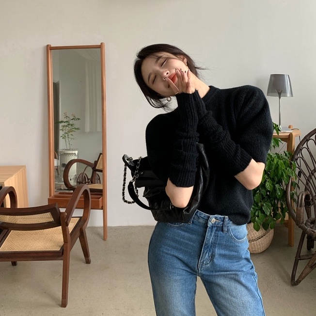 QKOOLE  Áo sweater dệt kim cổ tròn + găng đeo cánh tay kiểu Hàn Quốc thời trang cho nữ