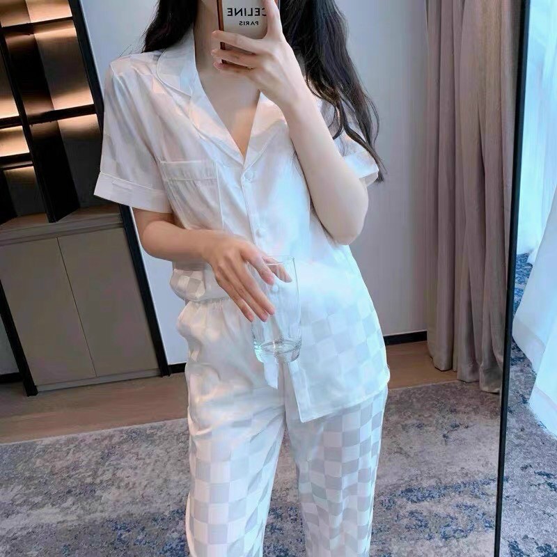 Pijama tay ngắn quần dài Ô trắng lụa cao cấp quảng châu