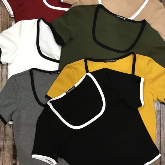Áo Croptop Ngắn Tay Madela Cổ Vuông Có Viền Chất Thun Bozip Dày Dặn, Croptop Nữ Phối Viền Cổ Vuông Ngắn Tay