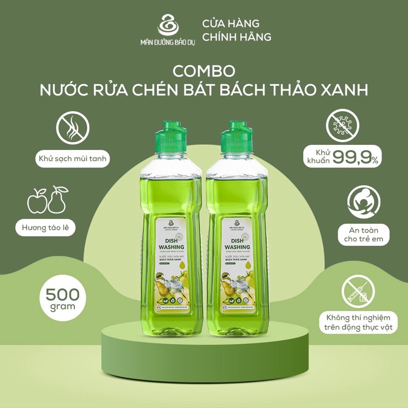 Nước Rửa Chén Bát Hương Táo Lê, Bách Thảo Xanh, Mãn Đường Bảo Dụ 500ml - Không Hại Da Tay