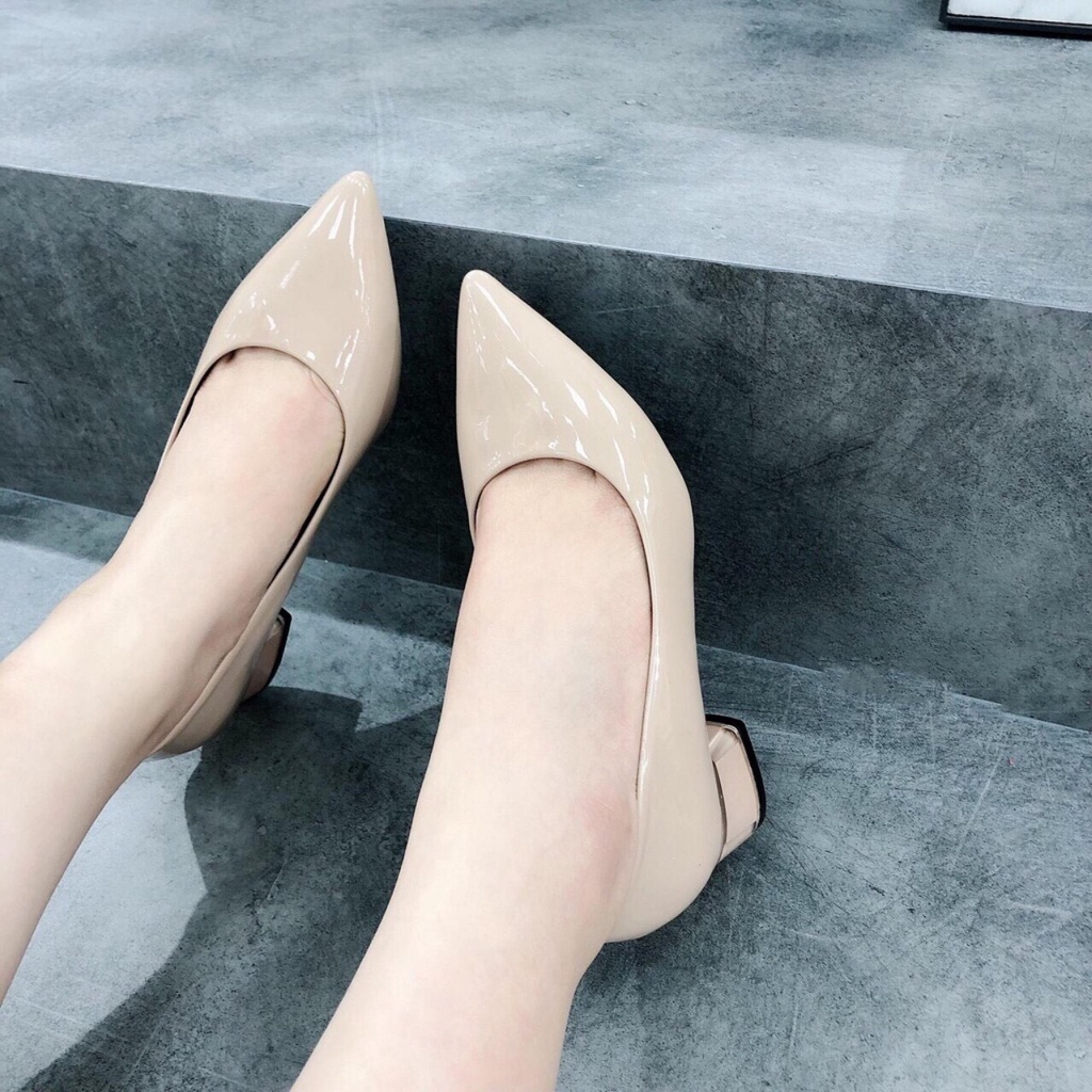 Giày cao gót nữ 3 phân gót trụ phối trong công sở da bóng