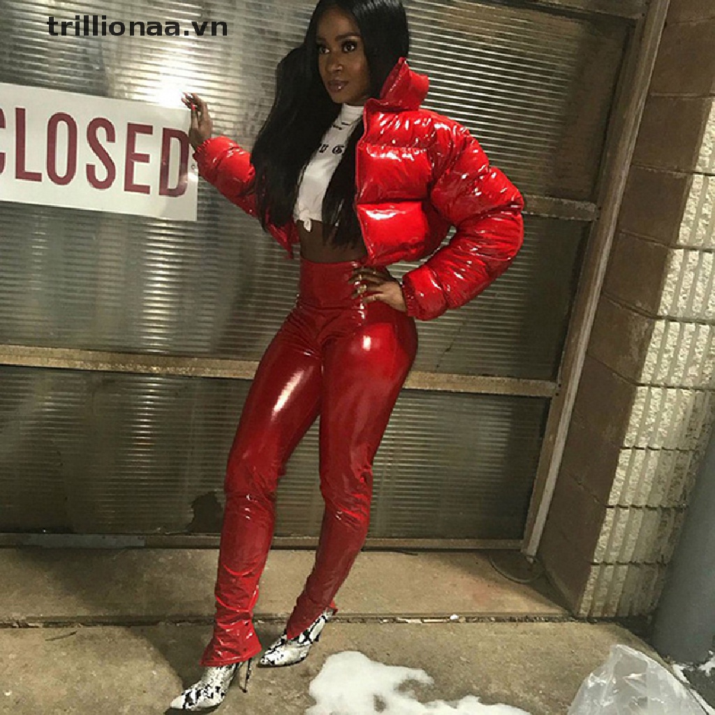 Trillionaa Áo Khoác Phao Da PU Màu Hồng Bóng Ấm Áp Dễ Thương Có Khóa Kéo Thời Trang Mùa Đông Cho Nữ