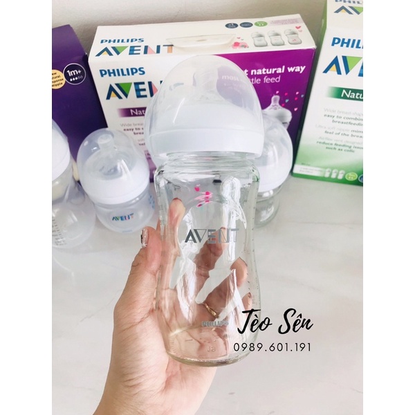 Bình Sữa Thủy Tinh Nguyên Khối Avent Natural Dung Tích 120ml/240ml Hàng Nội Địa Mỹ