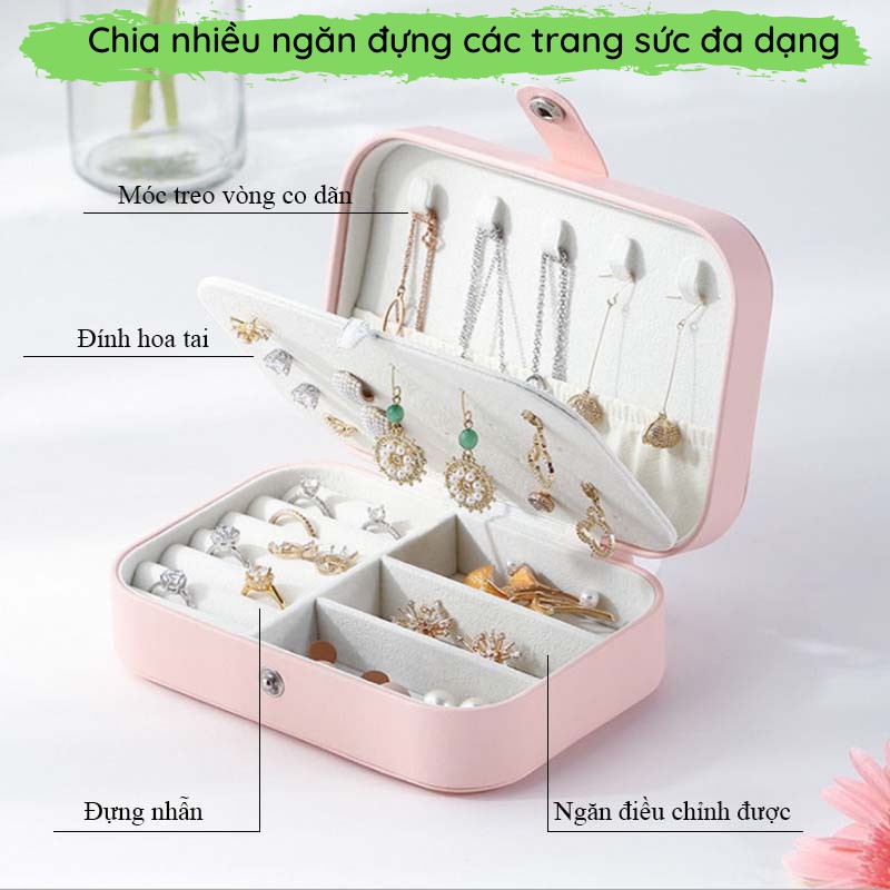 Hộp đựng trang sức mini bằng da PU cao cấp sang trọng chia ngăn để dây chuyền, nhẫn, vòng cổ tiện lợi 16cm