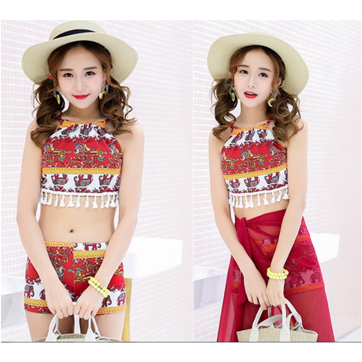 bikini bộ bơi họa tiết thổ cẩm yếm kèm khăn | BigBuy360 - bigbuy360.vn