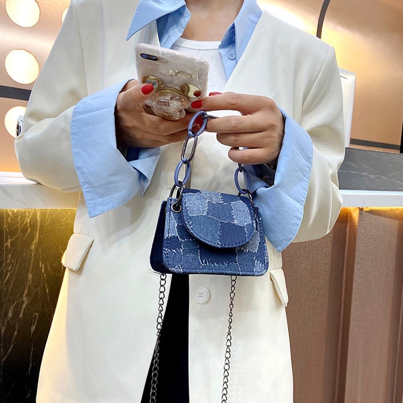 Túi đeo vai IELGY bằng denim có dây đeo dạng xích thời trang dành cho nữ