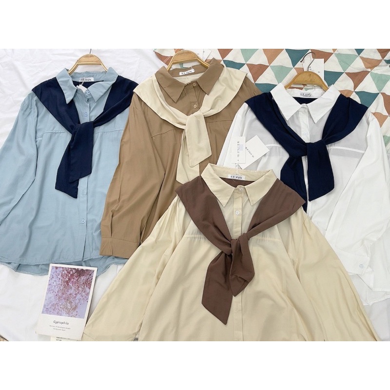 Áo sơ mi vạt bắt vai điệu đa ba màu cột khắn Áo sơ mi nữ trắng sẵn