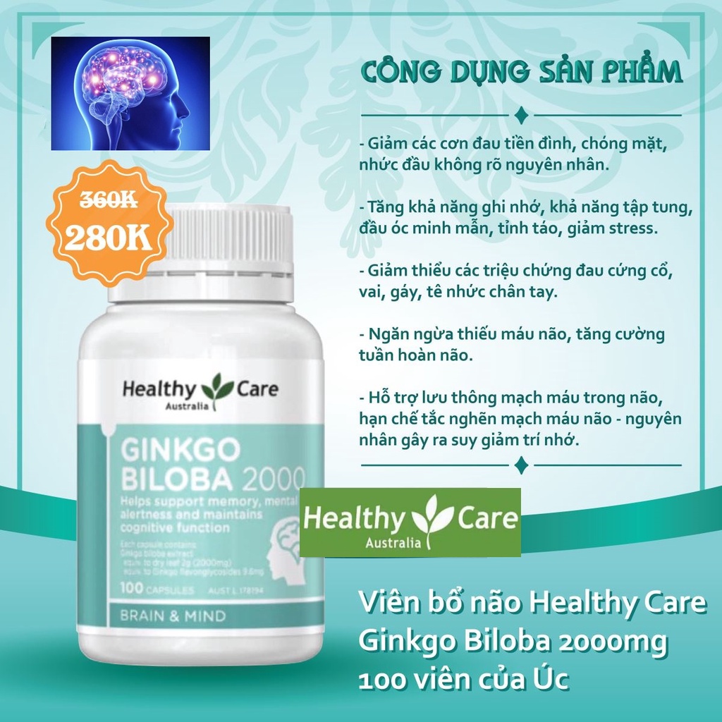 Bỗ Não Ginkgo Biloba Healthy Care chuẩn Úc 100 Viên