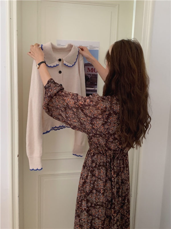 Đầm voan Peppermint họa tiết hoa tay dài phong cách retro thời trang cho nữ 55568