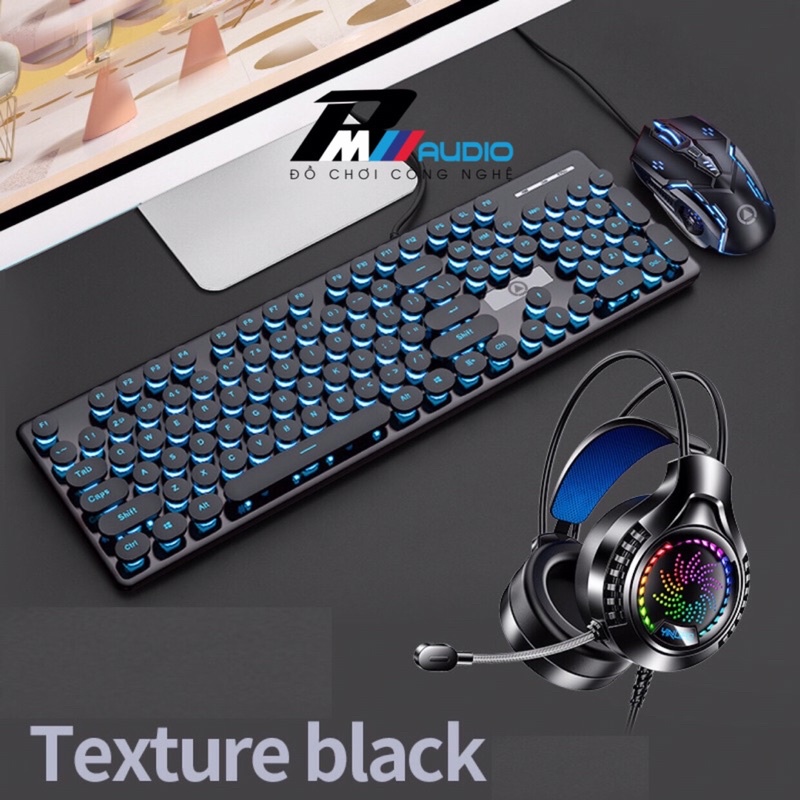 Combo Bộ Bàn Phím Và Chuột V8 Nút Tròn Có Led Xuyên Chữ Kèm Tai Nghe Gaming Q7 YINOIAO-BMVAUDIO