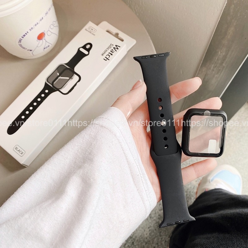 Dây silicon + Ốp kèm kính cường lực dành cho Apple watch 38mm/40mm/41mm/42mm/44mm/45mm