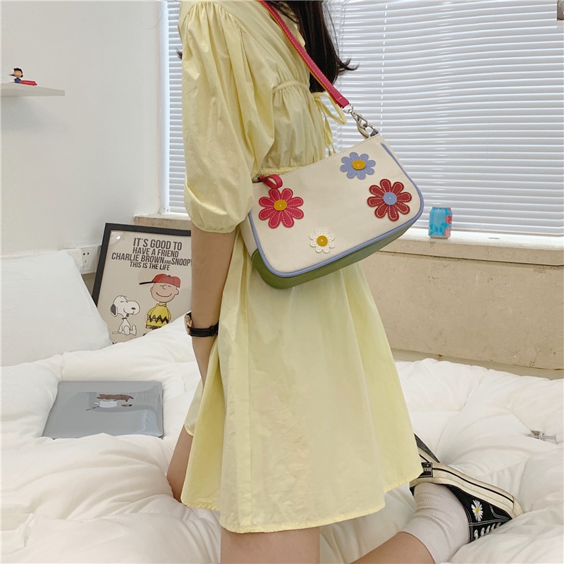 Túi IELGY đeo vai vải canvas họa tiết hoa màu sắc tương phản thời trang cho nữ