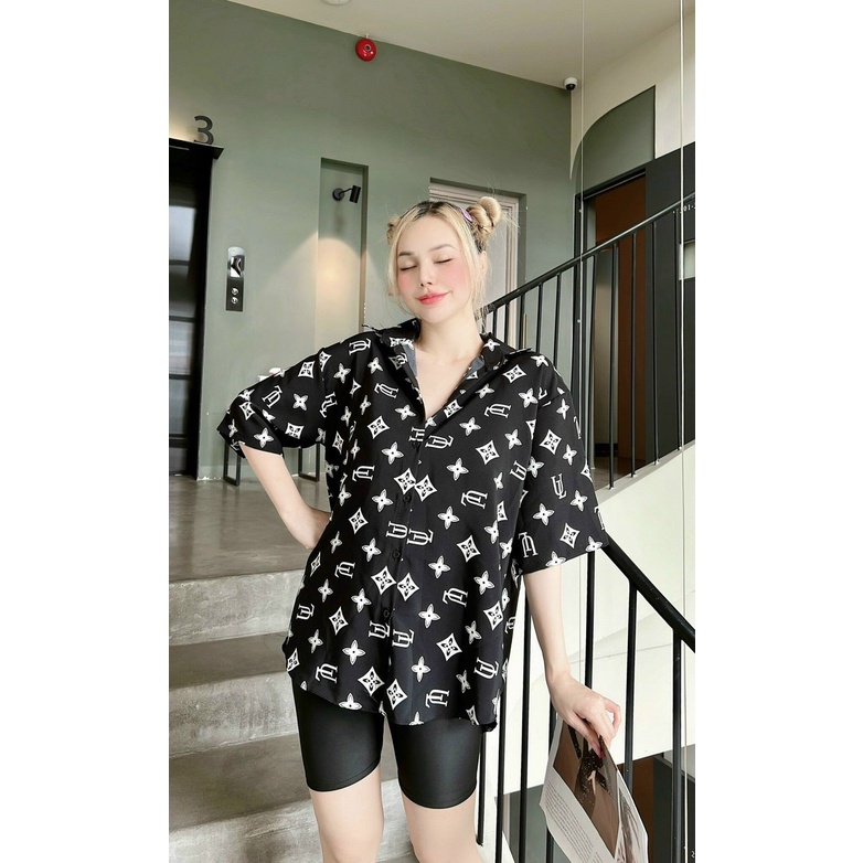 Sét bộ áo sơ mi form rộng in logo eo vì hiệu kín áo phối quần ngố thun cực hot , chất kate mềm mát alohashop91