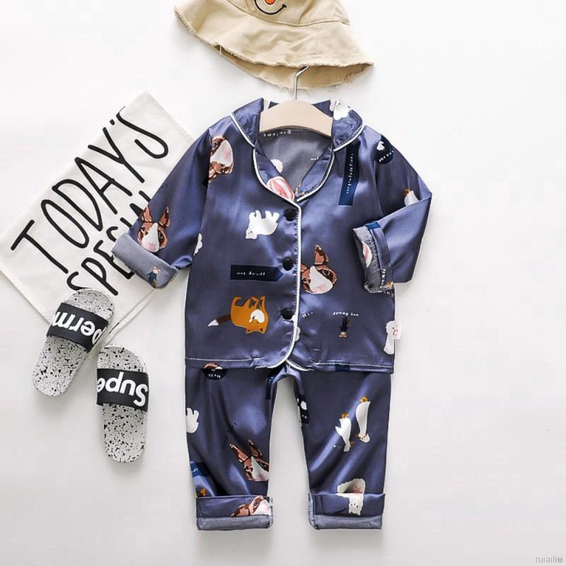 ruiaike  Girls Boys Long Sleeve Cartoon Animals Satin Silk Blouse + Pants Pajamas Sleepwear Set