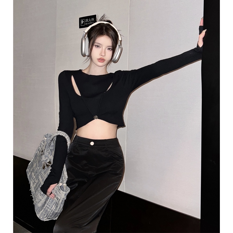 Áo croptop QKOOLE dệt kim tay dài phong cách Hàn Quốc thời trang cho nữ