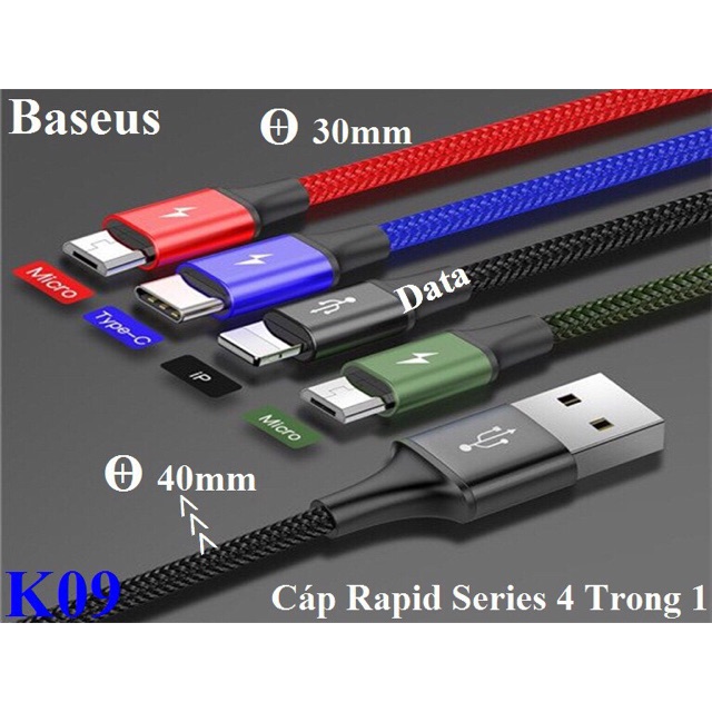 Cáp sạc Baseus và truyền dữ liệu tốc độ cao 4 cổng sạc Baseus Rapid Series 4 in 1 Cable (type-c,micro,2 x chân L )