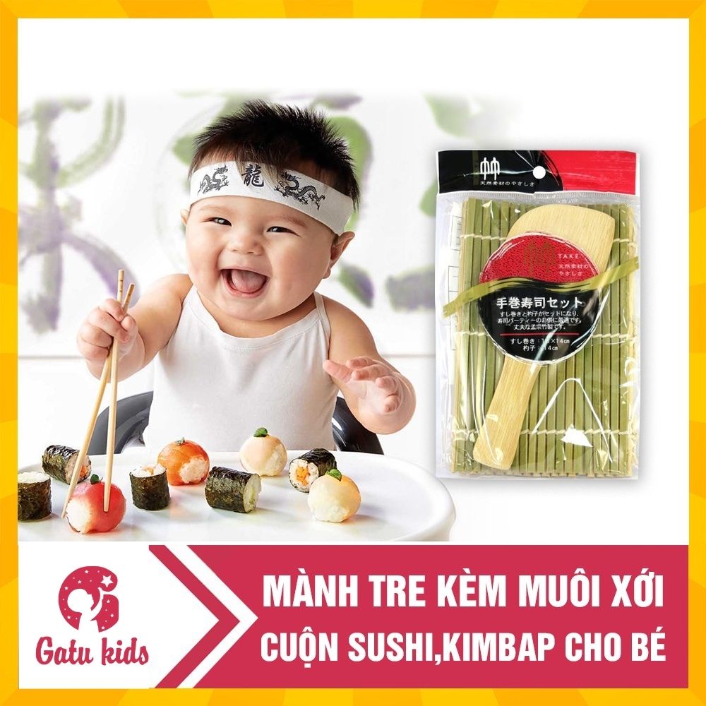 Mành tre cuộn sushi, cuộn kimbap cho bé, cỡ vừa kèm muôi xới