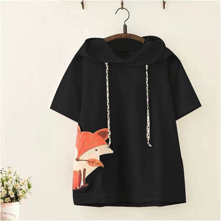 Áo Hoodie Ngắn Tay Thêu Hình Cáo Phong Cách Harajuku Nhật Bản Cá Tính