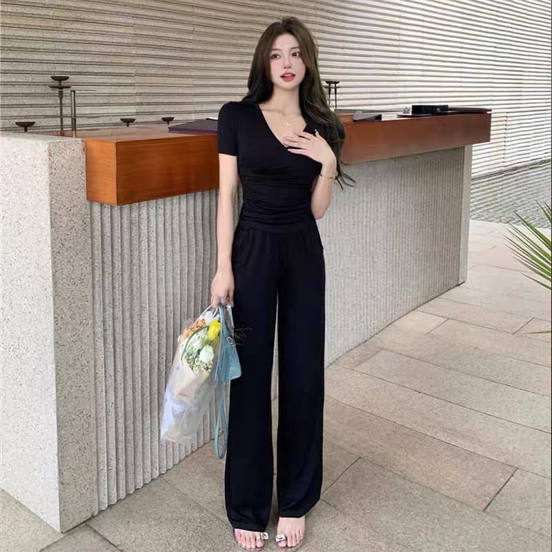 Đồ bộ nữ, set đồ bộ quần ống đứng và áo cổ tim ngắn tay nhúng 2 bên vải thun cotton lụa dẻo mềm mịn mát, đồ bộ mặc nhà