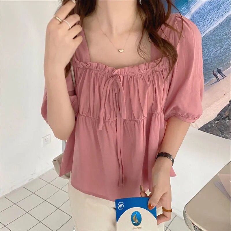 Áo thun cổ vuông phối bèo phong cách phương tây ngọt ngào thời trang mùa hè dành cho nữ